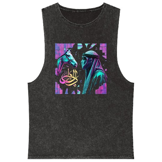 Neon Arabian Horse & Bedouin – Futuristic Eastern Mineral Wash Tank Tops