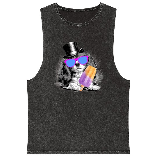 Cavalier King Charles Spaniel with a popsicle Mineral Wash Tank Tops