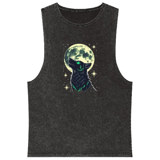 Celestial Howl – Mystical Wolf Under Moonlight Mineral Wash Tank Tops