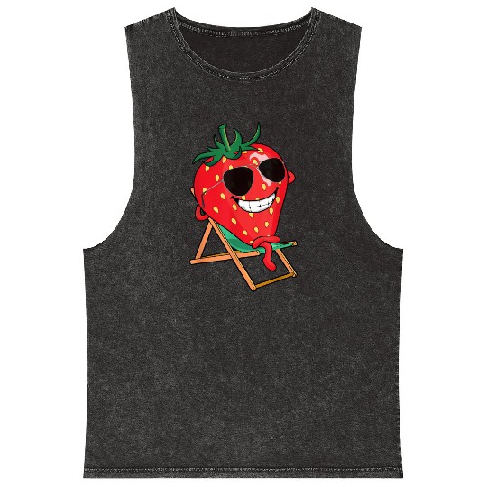 Playful Strawberry Sunbather Design Mineral Wash Tank Tops