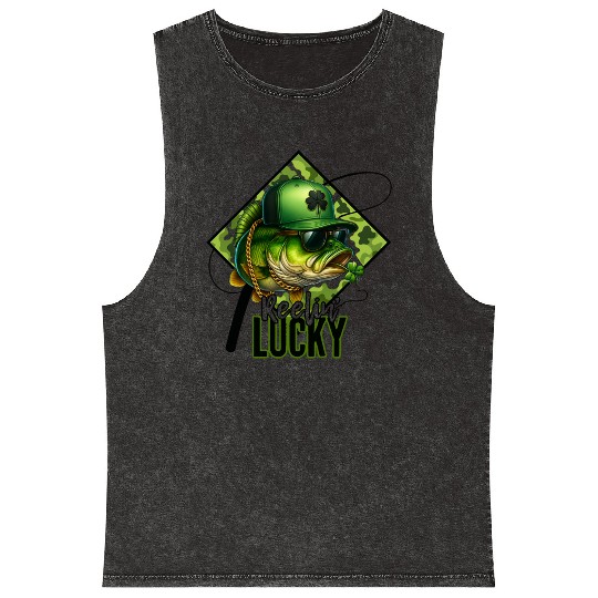 Reelin' Lucky Bass Fish Mineral Wash Tank Tops