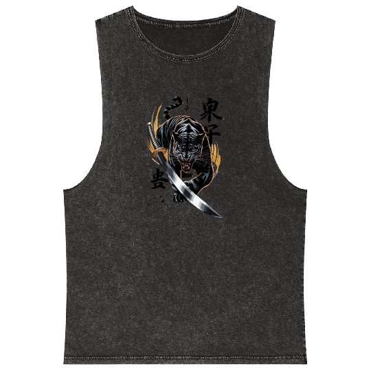 Fierce Black Panther With Samurai Sword Mineral Wash Tank Tops