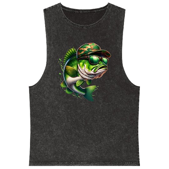 Camo Hat Bass Fish with Green Sunglasses Mineral Wash Tank Tops