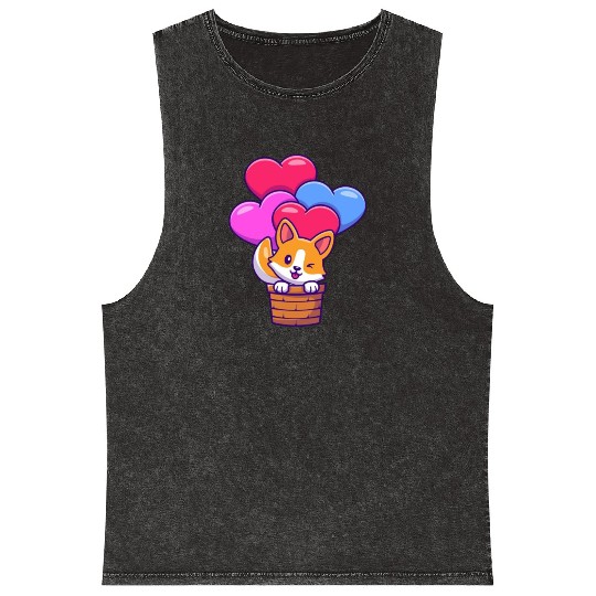 Whimsical Corgi with Heart Balloons Mineral Wash Tank Tops
