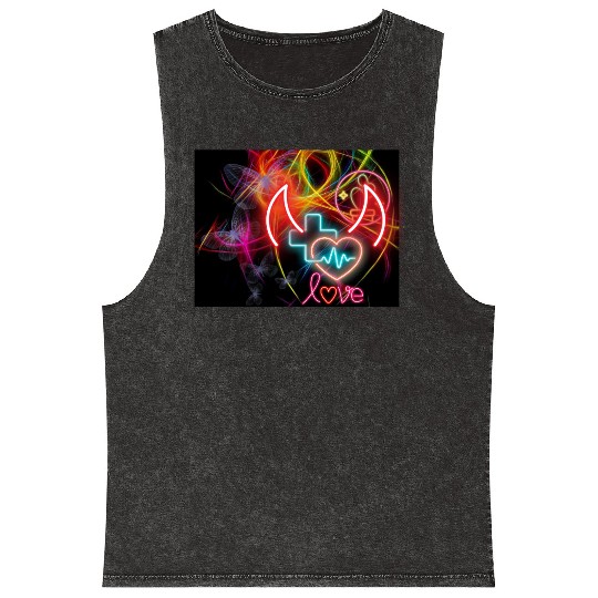 Neon Heart and Devil Horns Love Design Mineral Wash Tank Tops