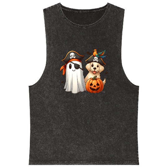 Pirate Pup and Ghostly Pumpkin Halloween Design Mineral Wash Tank Tops