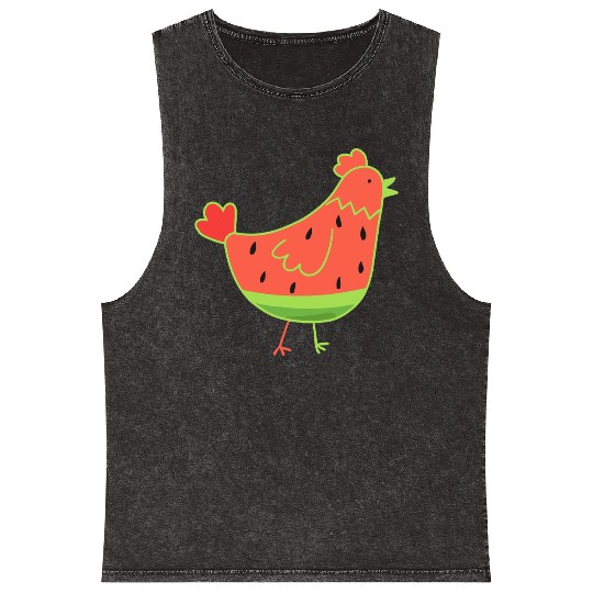 Whimsical Watermelon Chicken Illustration Mineral Wash Tank Tops