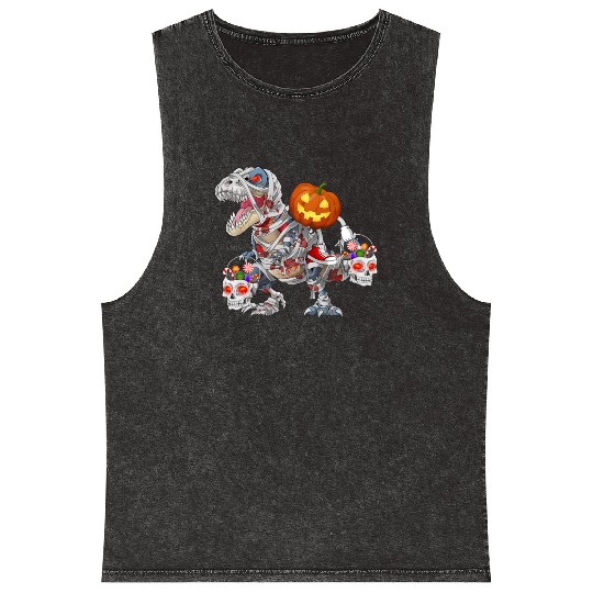 Pumpkin Riding Zombie Mummy Dinosaur Halloween Mineral Wash Tank Tops