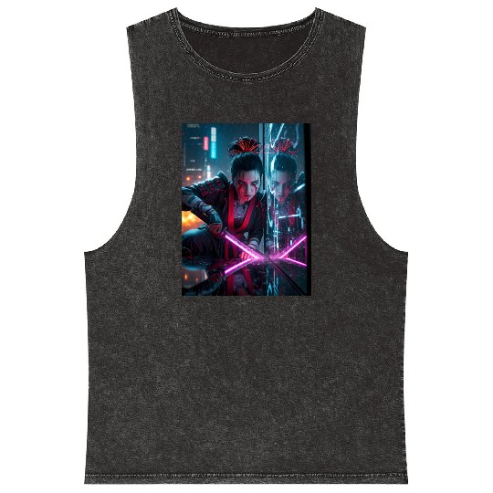 Cyberpunk Samurai Girl Mineral Wash Tank Tops