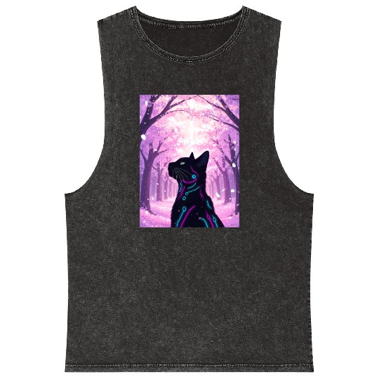 Midnight Cyber Cat | Pink Cherry Blossom Forest Mineral Wash Tank Tops