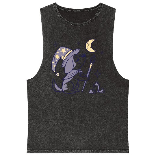 Mystical Moon Wizard Illustration Mineral Wash Tank Tops