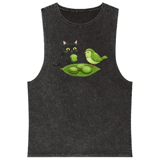 Whimsical Cat Bird Snack Scene Mineral Wash Tank Tops