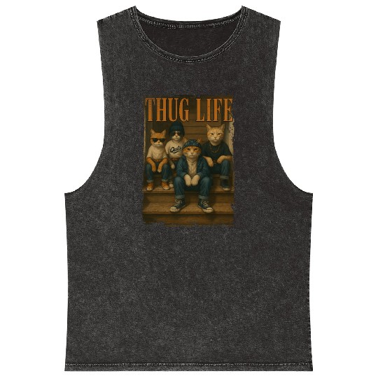 Thug Life Cats Funny Gangsta Street Style Mineral Wash Tank Tops
