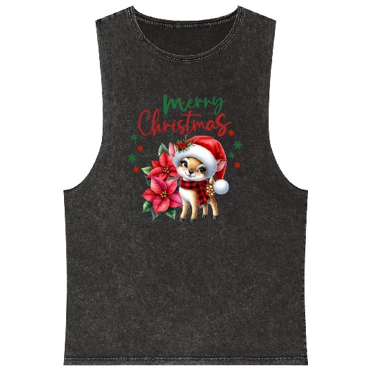 Festive Christmas Puppy with Poinsettia Mineral Wash Tank Tops