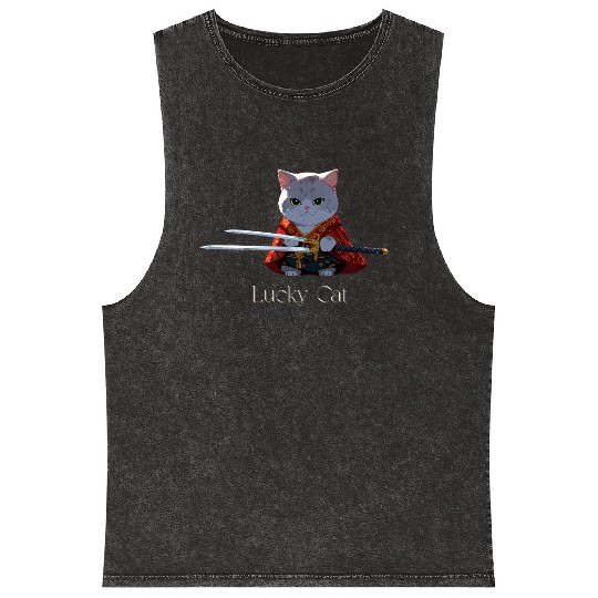 Mythic Warrior Cat with Swords Mineral Wash Tank Tops