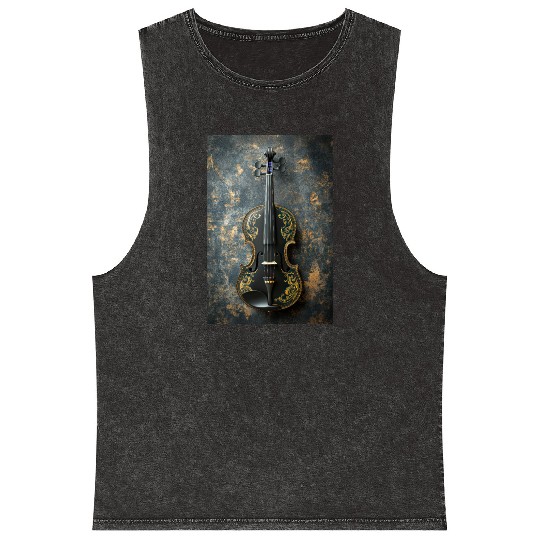 Elegant Black and Gold Violin Mineral Wash Tank Tops