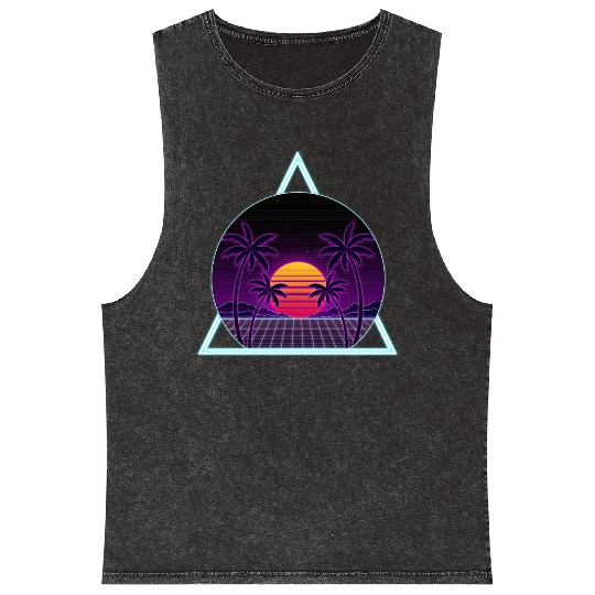 Neon Sunset with Tropical Palms Mineral Wash Tank Tops