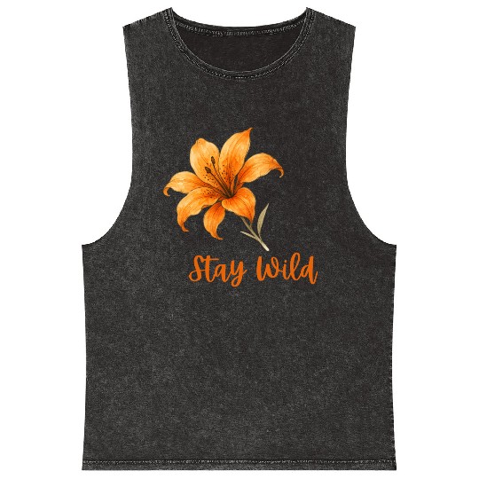 Vivid Orange Lily with Stay Wild Message Mineral Wash Tank Tops