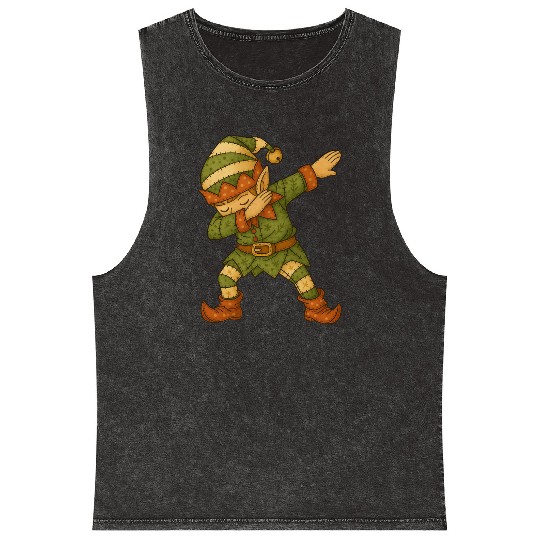 Patchwork Dabbing Elf Christmas Vintage Folk Art Mineral Wash Tank Tops