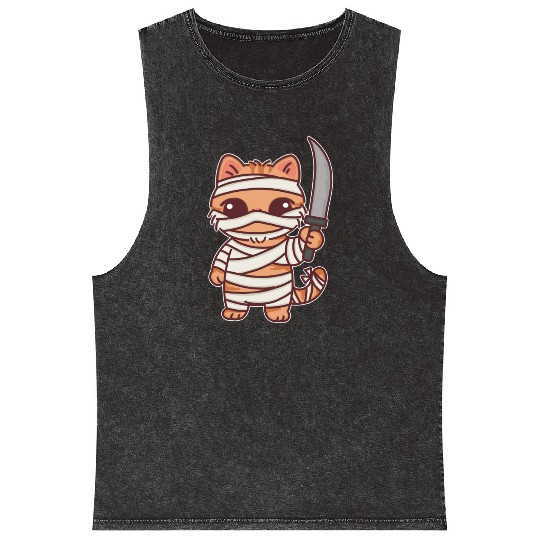 Mummy Cat Warrior Cartoon Design Mineral Wash Tank Tops