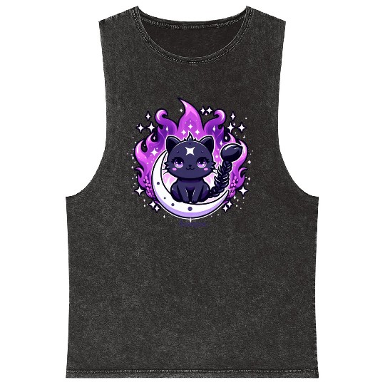 Enchanted Night Sky Scorpio Cat Design Mineral Wash Tank Tops