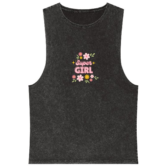 Super Girl Floral Sparkle Design Mineral Wash Tank Tops