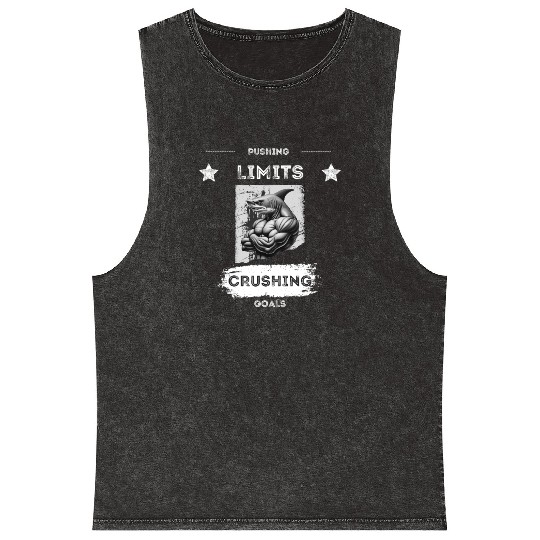 PUSHING LIMITS – Ripped Shark Gym Design Mineral Wash Tank Tops