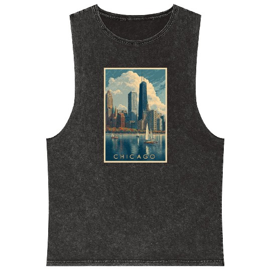 Chicago Skyline with Sailboats Mineral Wash Tank Tops