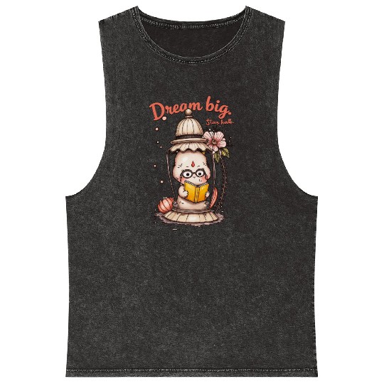 Whimsical Reading Buddha Lantern Design Mineral Wash Tank Tops