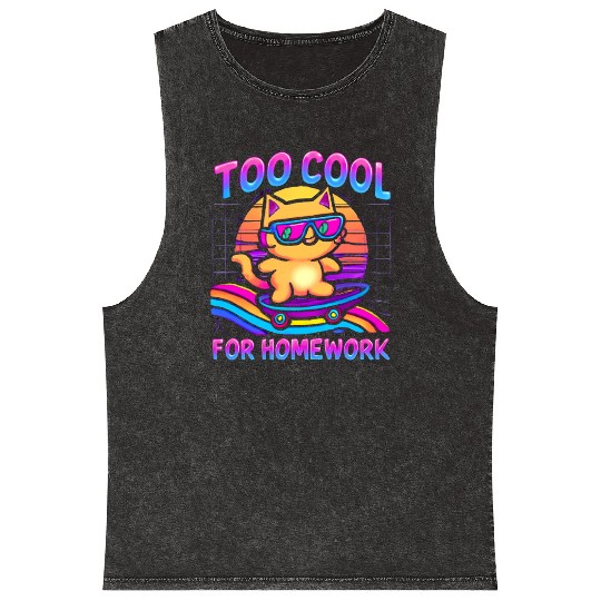 Retro Cool Cat Skateboarding Fun Mineral Wash Tank Tops