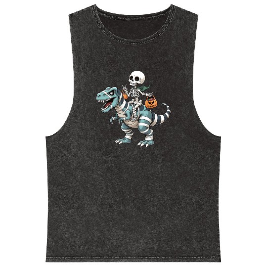 Skeleton Riding Mummy Dinosaur Funny Halloween Mineral Wash Tank Tops