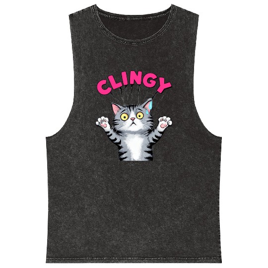 Humorous Clingy Cat Illustration Mineral Wash Tank Tops