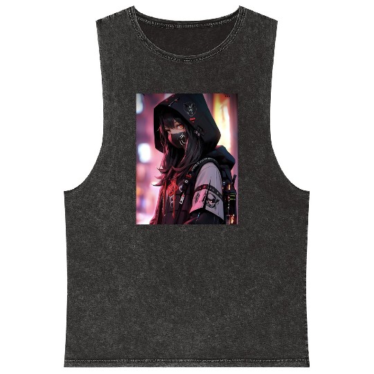 Cyberpunk Hooded Girl with Neon Accents Mineral Wash Tank Tops