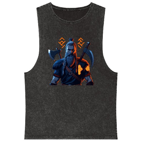 Viking Warrior with Axes and Fur Mineral Wash Tank Tops