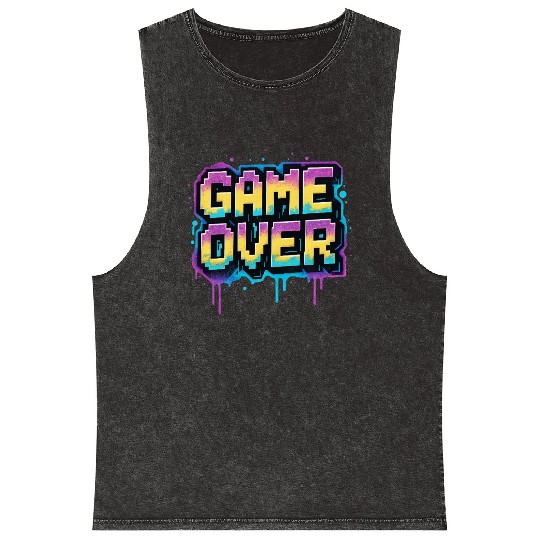 Pixelated Game Over Graffiti Design Mineral Wash Tank Tops