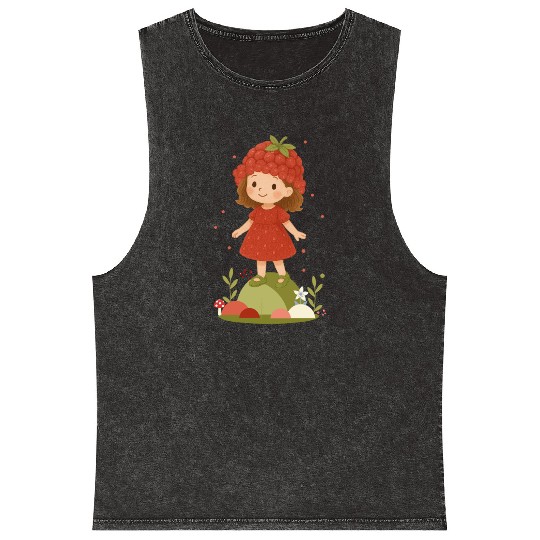 Cute Raspberry Girl Illustration Mineral Wash Tank Tops