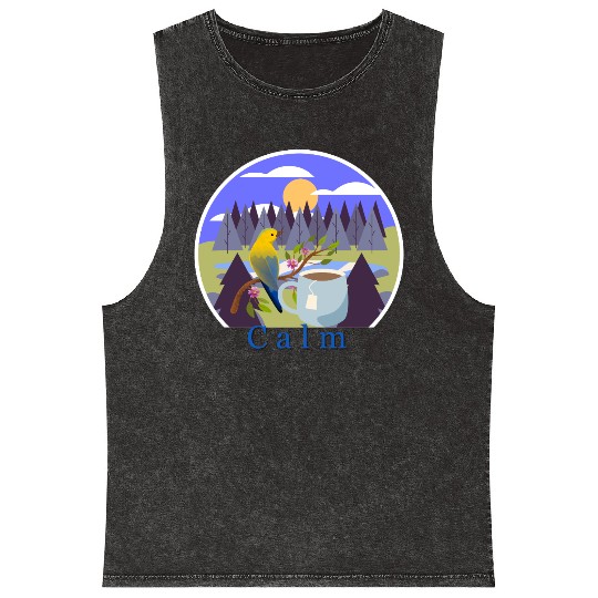 Calm Nature-Inspired Mineral Wash Tank Tops - Relaxing Bird