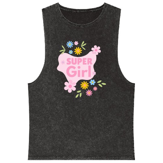 Super Girl Floral Badge Design Mineral Wash Tank Tops