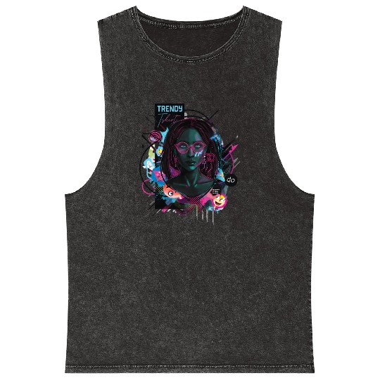 Neon Cyberpunk Female Digital Art Mineral Wash Tank Tops