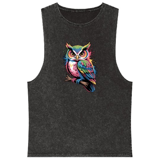 Colorful Owl With Colorful Details Mineral Wash Tank Tops