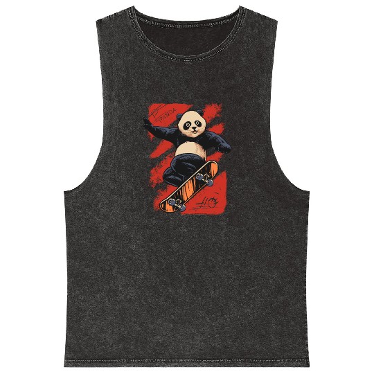 Playful Panda Skateboard Design Mineral Wash Tank Tops
