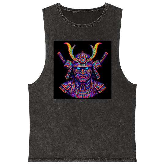 Neon Samurai Warrior Psychedelic Mineral Wash Tank Tops