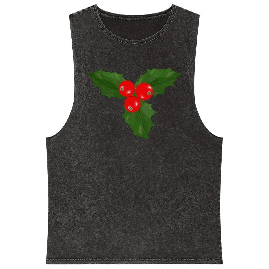Christmas Holly Leaf and Berry Design Mineral Wash Tank Tops
