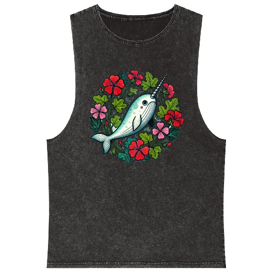 Whimsical Narwhal Amid Floral Bloom Mineral Wash Tank Tops