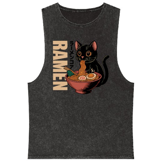 Black Cat Ramen Illustration Mineral Wash Tank Tops
