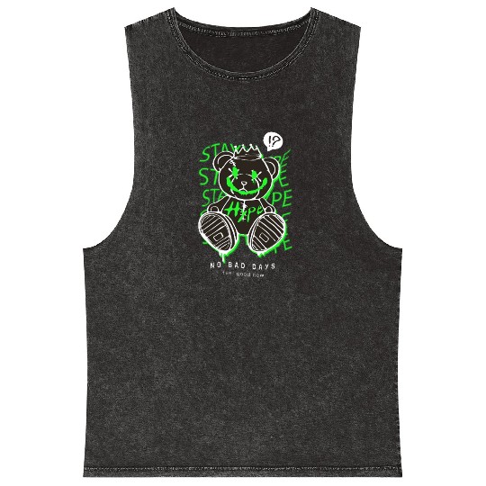 Neon Green Grunge Teddy Bear Design Mineral Wash Tank Tops