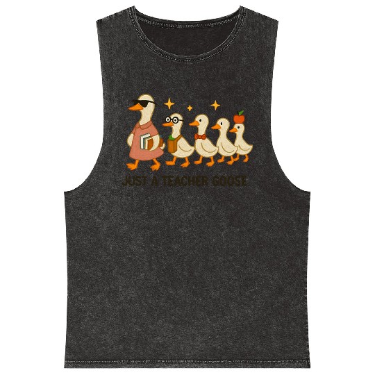 Whimsical Teacher Goose with Ducklings Mineral Wash Tank Tops