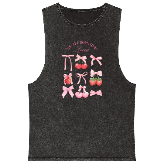 Cherry and Strawberry Bow Motif  Mineral Wash Tank Tops