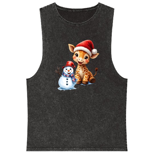 Festive Giraffe and Snowman Holiday Design Mineral Wash Tank Tops