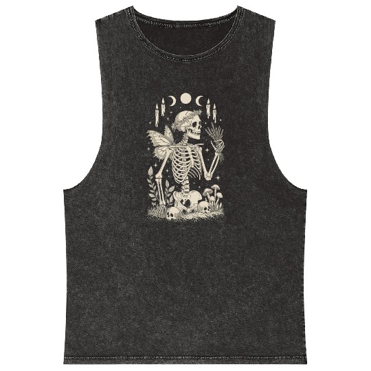 Gothic Skeleton Fairy With Moon Phases Mineral Wash Tank Tops